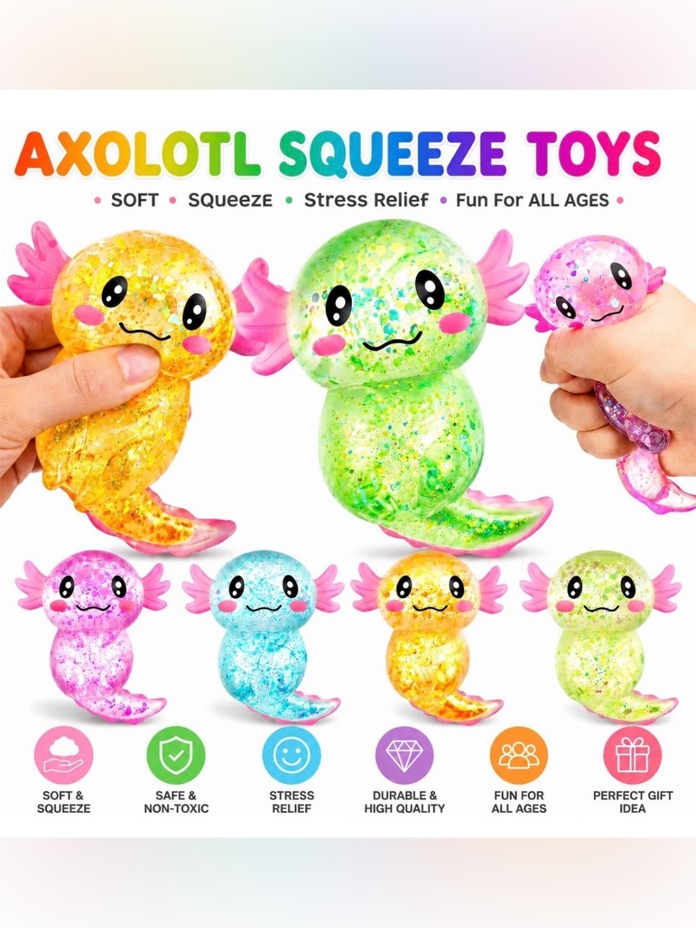 Axolotl Glitter Squishy Stress Relief Toy – Fidget Toy Cute Salamander Squeeze